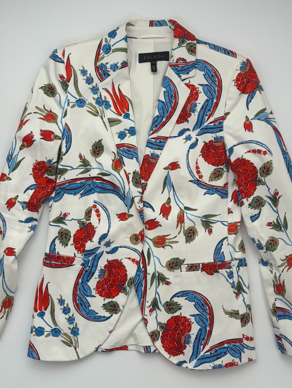 Escada Floral Blazer | Printed Tailored Jacket | Red Blue Cream Statement Blazer